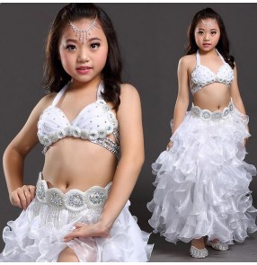 Green yellow gold white sequins beaded girls bra top side split long skirts children performance competition belly dance costumes outfits for kids 